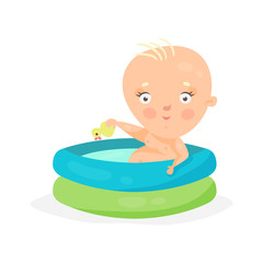 Obraz na płótnie Canvas Cute cartoon baby swimming in kids inflatable pool, colorful character vector Illustration