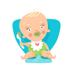 Adorable cartoon baby sitting on blue chair and eating, colorful character vector Illustration