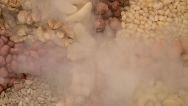 Nuts mix in a canvas bag in table.