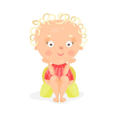 Adorable cartoon baby girl sitting on a yellow potty, colorful character vector Illustration