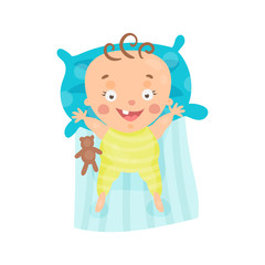 Cute cartoon smiling baby lying in his bed colorful character vector Illustration