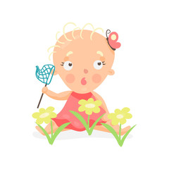 Sweet cartoon baby girl sitting on the meadow with yellow flowers with butterfly net colorful character vector Illustration