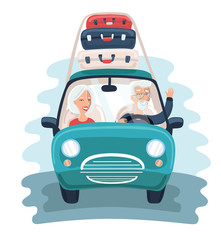 Cool vector flat character design on senior age travelers with vintage old car with luggage on top. Retired tourists couple ready to their road trip. 