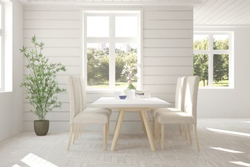White dinner room with green landscape in window. Scandinavian interior design. 3D illustration