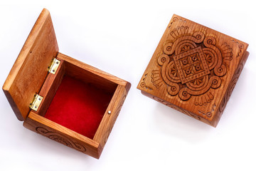 carved box made of wood, brown with ornament