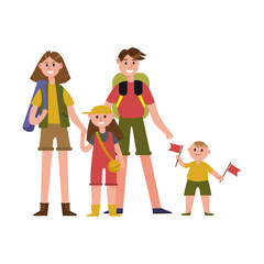 Happy parents with kids on summer vacations cartoon characters, camping travel vector Illustration