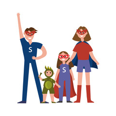 Family of superheroes cartoon characters, parents with their kids in costumes of superheroes having fun vector Illustration