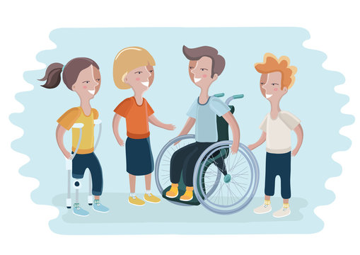 Boy in wheelchair, girl with prosthetic leg. Special needs children and handicapped children.