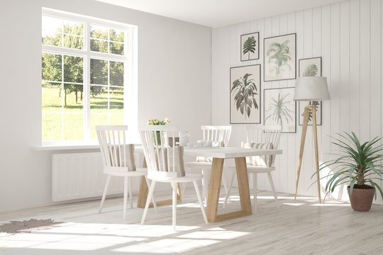 White dinner room with green landscape in window. Scandinavian interior design. 3D illustration