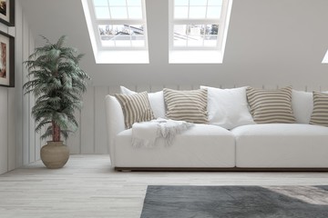 White idea of modern room with sofa. Scandinavian interior design. 3D illustration