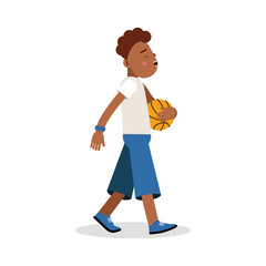 Cute young boy playing basketball cartoon character, kids physical activities vector Illustration