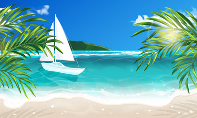 Vector eps 10. Summer vacation on island. Travel summer time on sea, white yacht 