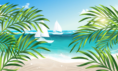 Fototapeta na wymiar Vector eps 10. Summer vacation on island. Travel summer time on sea, white yacht 