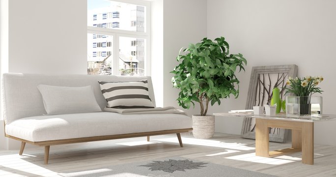Idea of white modern room with sofa and green flower. Scandinavian interior design. 3D illustration