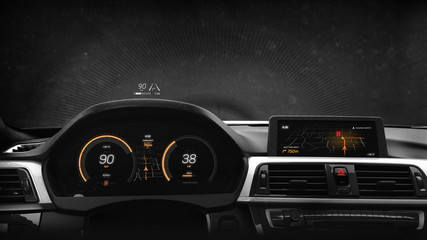 Modern sports car dashboard with navigation display - 3D illustration (3D rendering)