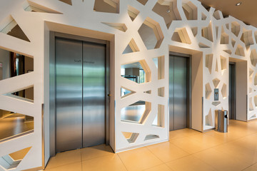 Hotel lobby with elevators