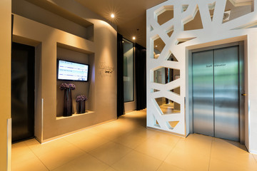 Hotel lobby with elevators
