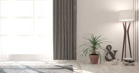 Inspiration of white empty room with lamp and green flower. Scandinavian interior design. 3D illustration