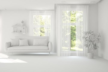 White room with sofa and green landscape in window. Scandinavian interior design. 3D illustration