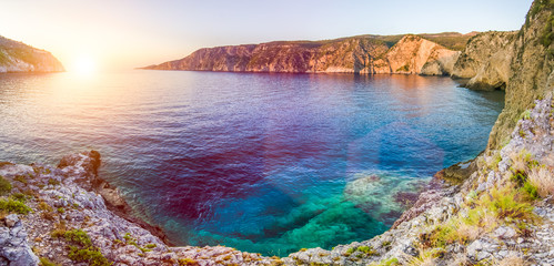 Mediterranean bay at sunset in Assos, Kefalonia, Greece