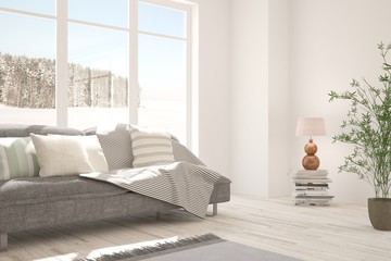 White idea of room with sofa and winter landscape in window. Scandinavian interior design. 3D illustration