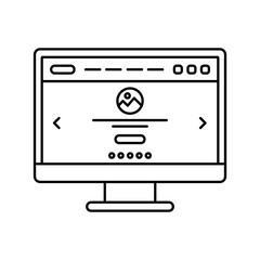 Website design in computer screen lined icon. Landing page on monitor line icon. Web page user interface. Isolated vector lined illustration for web or app design.