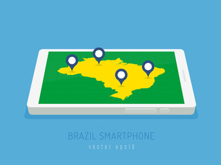 Brazil map with location markers on white smartphone, vector illustation in flat style
