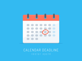 Flat calendar icon with deadline date rounded in red color vector illustration