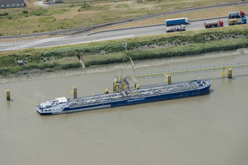 Aerial picture of MTS Synergy ship at the Port of Antwerp
