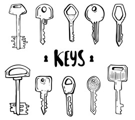 Vector set of hand-drawn keys. Illustration in sketch style on white background. Old design