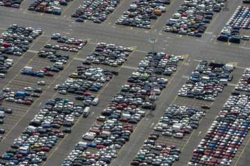 Aerial image of cars for importation exportation at Antwerp Euro Terminal