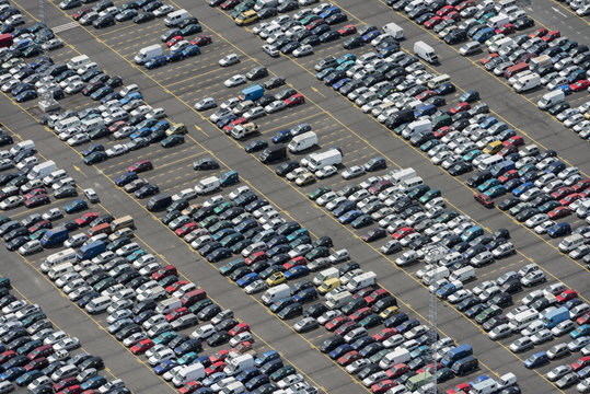 Aerial image of cars for importation exportation at Antwerp Euro Terminal
