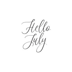 Hello July calligraphy inscription. Summer greeting card, postcard, card, invitation, banner template. Vector brush calligraphy. Summer hand lettering typography.