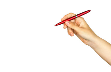 Pen in hand, of a red color,  isolated on white background.