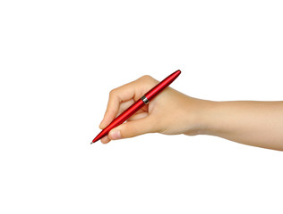 Pen in hand, of a red color,  isolated on white background.