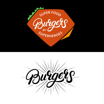 Set Burgers hand written lettering logos, badges, labels, emblems.
