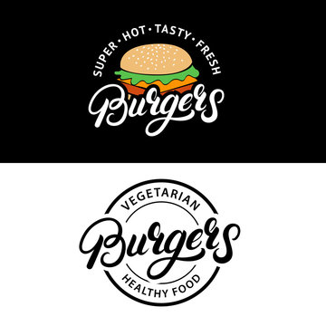 Set Burgers hand written lettering logos, badges, labels, emblems.
