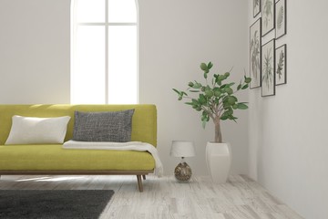 White modern room with sofa. Scandinavian interior design. 3D illustration