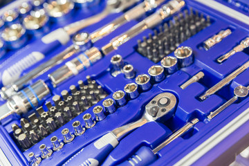 Professional toolbox, heads and ratchets closeup