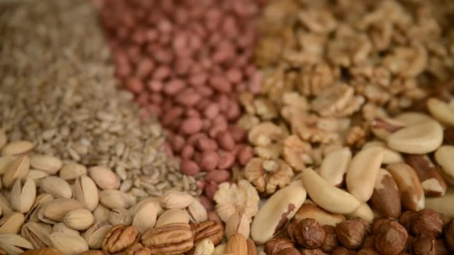 Nuts mix in a canvas bag in table.