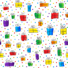 Seamless background with bright and funny hand drawn gift boxes and colorful confetti. Vector illustration.
