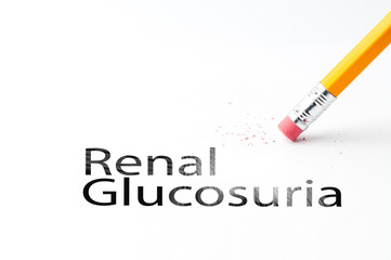 Closeup of pencil eraser and black renal glucosuria text. Renal Glucosuria. Pencil with eraser.