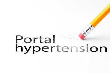 Closeup of pencil eraser and black portal hypertension text. Portal hypertension. Pencil with eraser.
