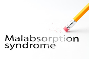 Closeup of pencil eraser and black malabsorption syndrome text. Malabsorption syndrome. Pencil with eraser.