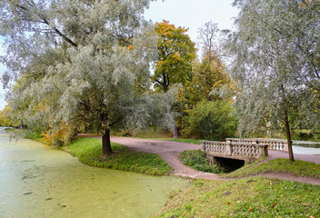 Picturesque views of the Alexander Park in the city of Pushkin in the golden autumn. Tsarskoe Selo,...
