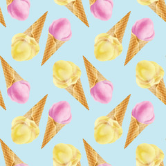 Beautiful summer seamless pattern with a fresh ice-cream cone. Trend design for dresses, clothes, linens, or other.