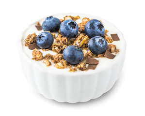 Bowl of Yogurt with Blueberries and Muesli Isolated on White Background
