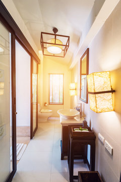 Interior of bathroom with washbasin faucet . Modern bathroom  design
