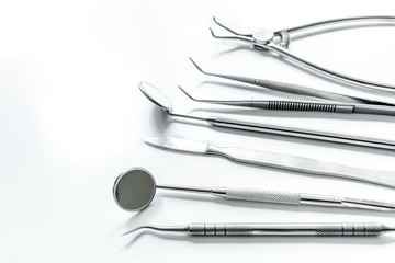 dentist tools close up on white hospital desk background mockup