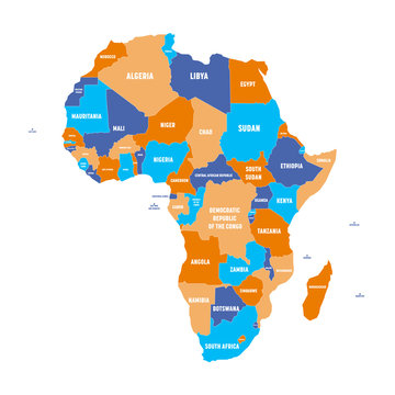 Multicolored political map of Africa continent with national borders and country name labels on white background. Vector illustration.